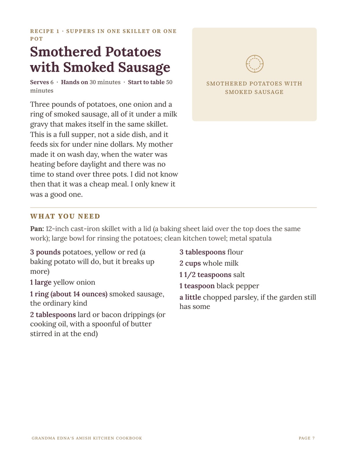 A recipe page from the book, with the What it cost table